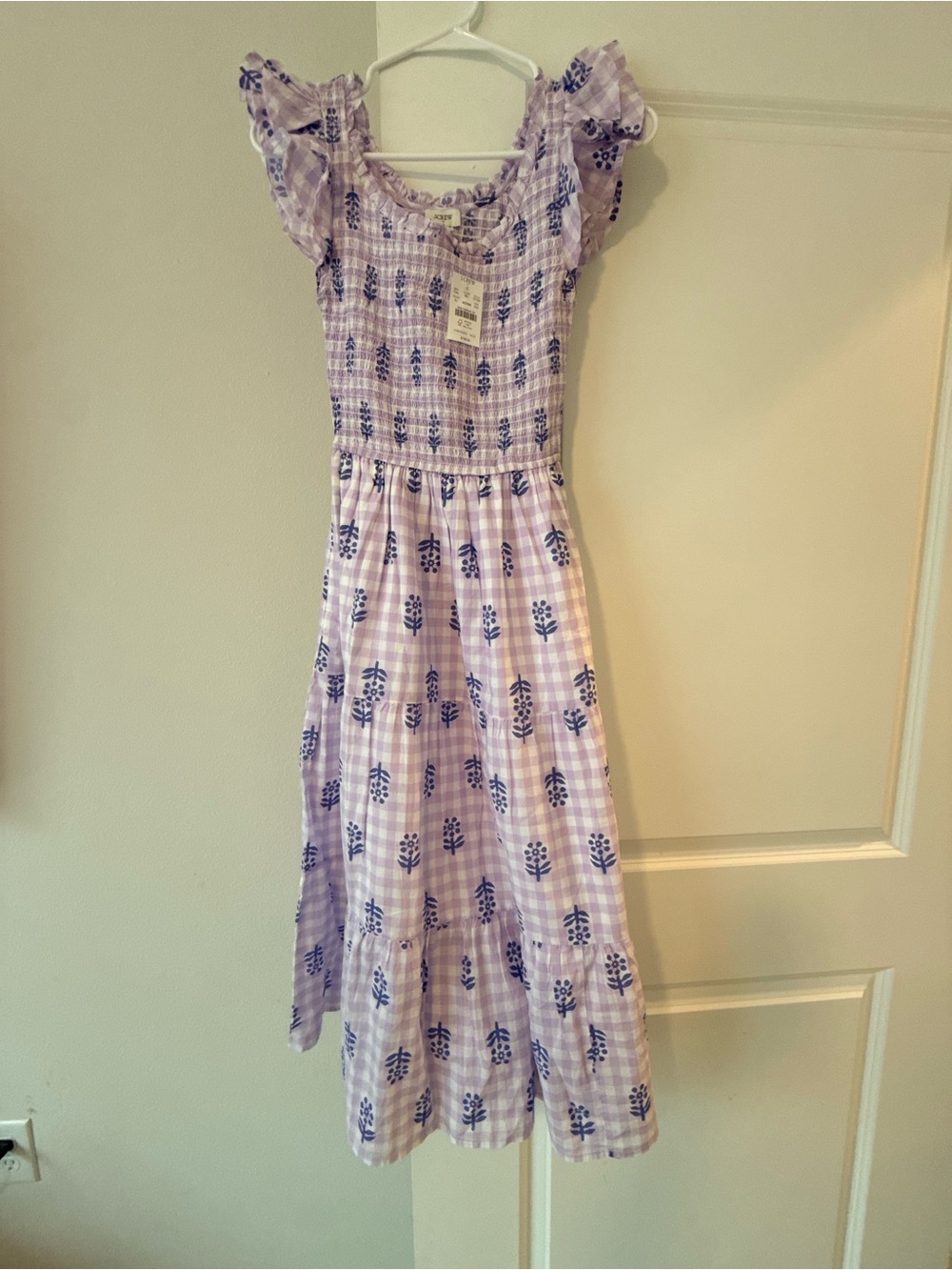 J. Crew Lavender Gingham Floral Smocked Midi Dress - Picture 3 of 8